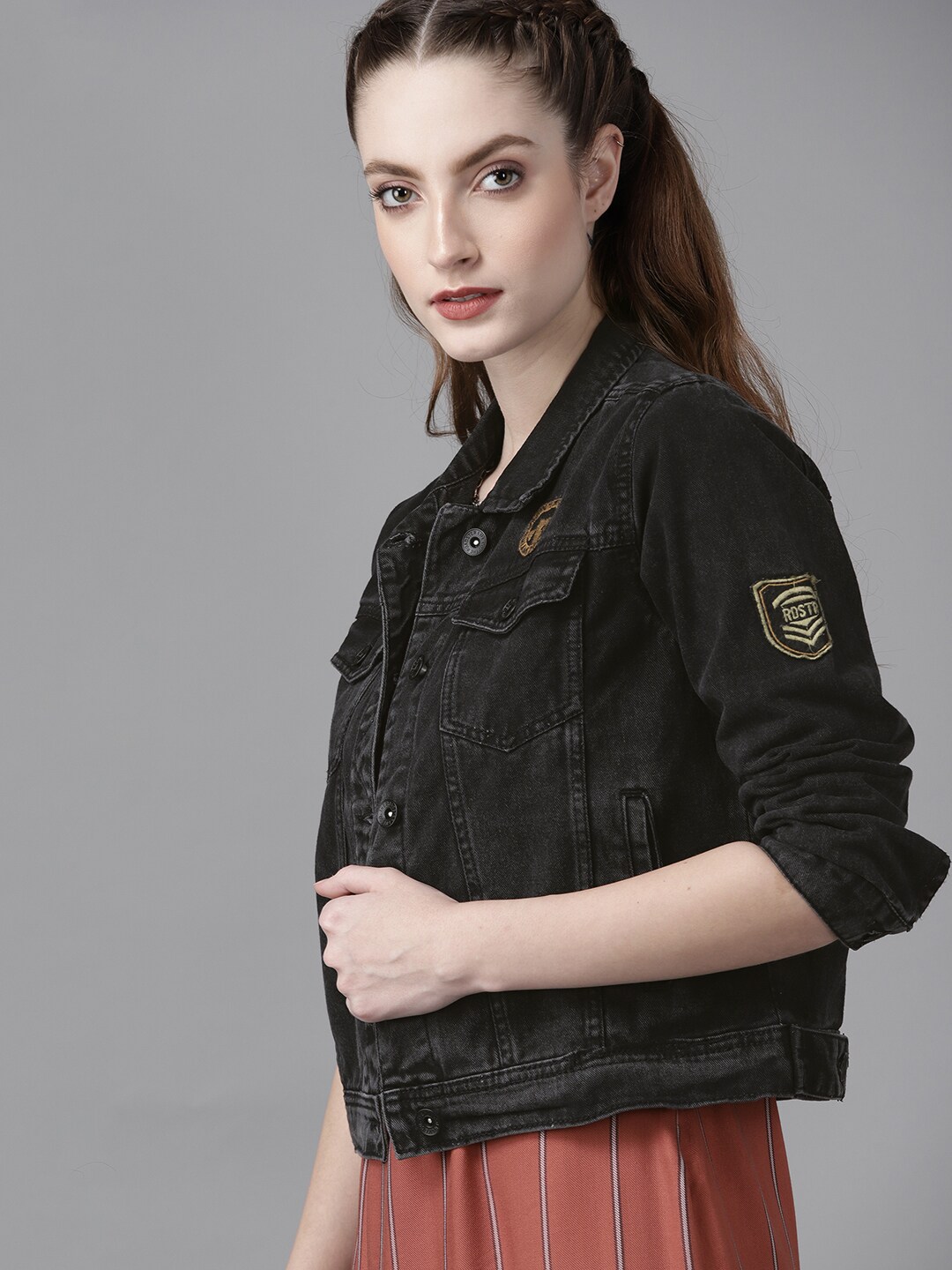 Roadster Women Black Solid Denim Pure Cotton Jacket Price in India