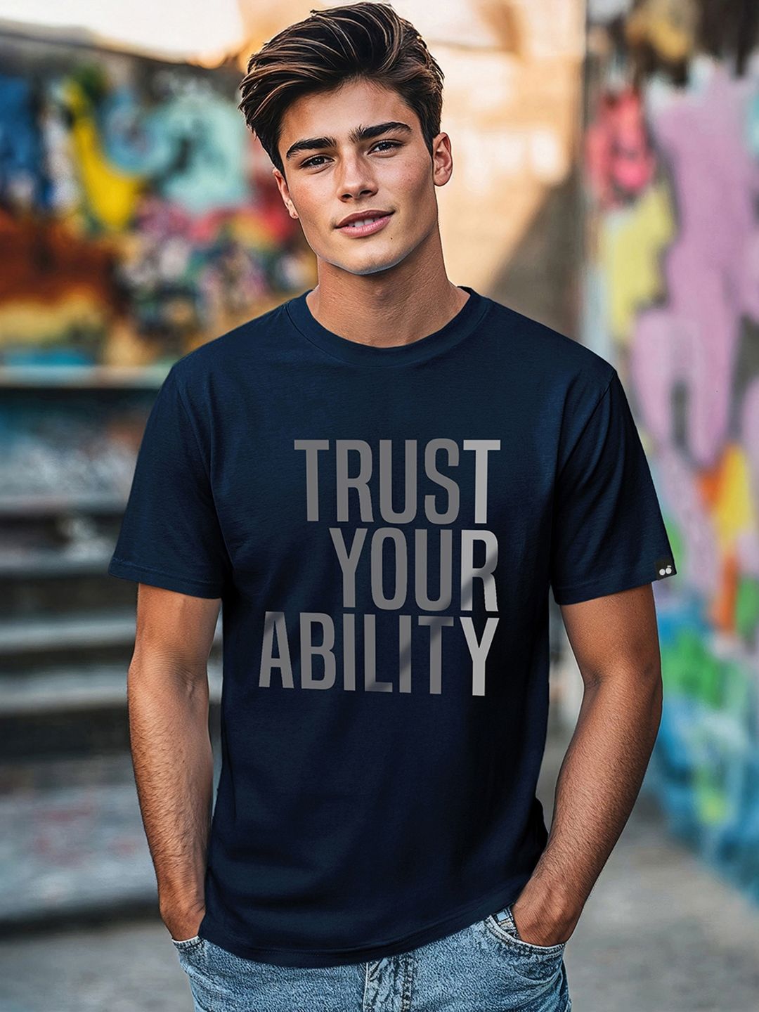 Bewakoof Men Blue Typography Printed Pure Cotton T-shirt