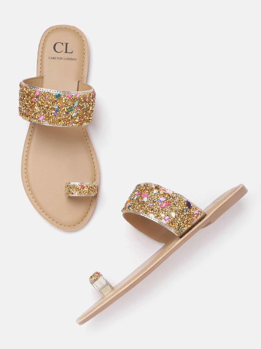 Carlton London Women Gold-Toned & Pink Studded Ethnic One Toe Flats Price in India