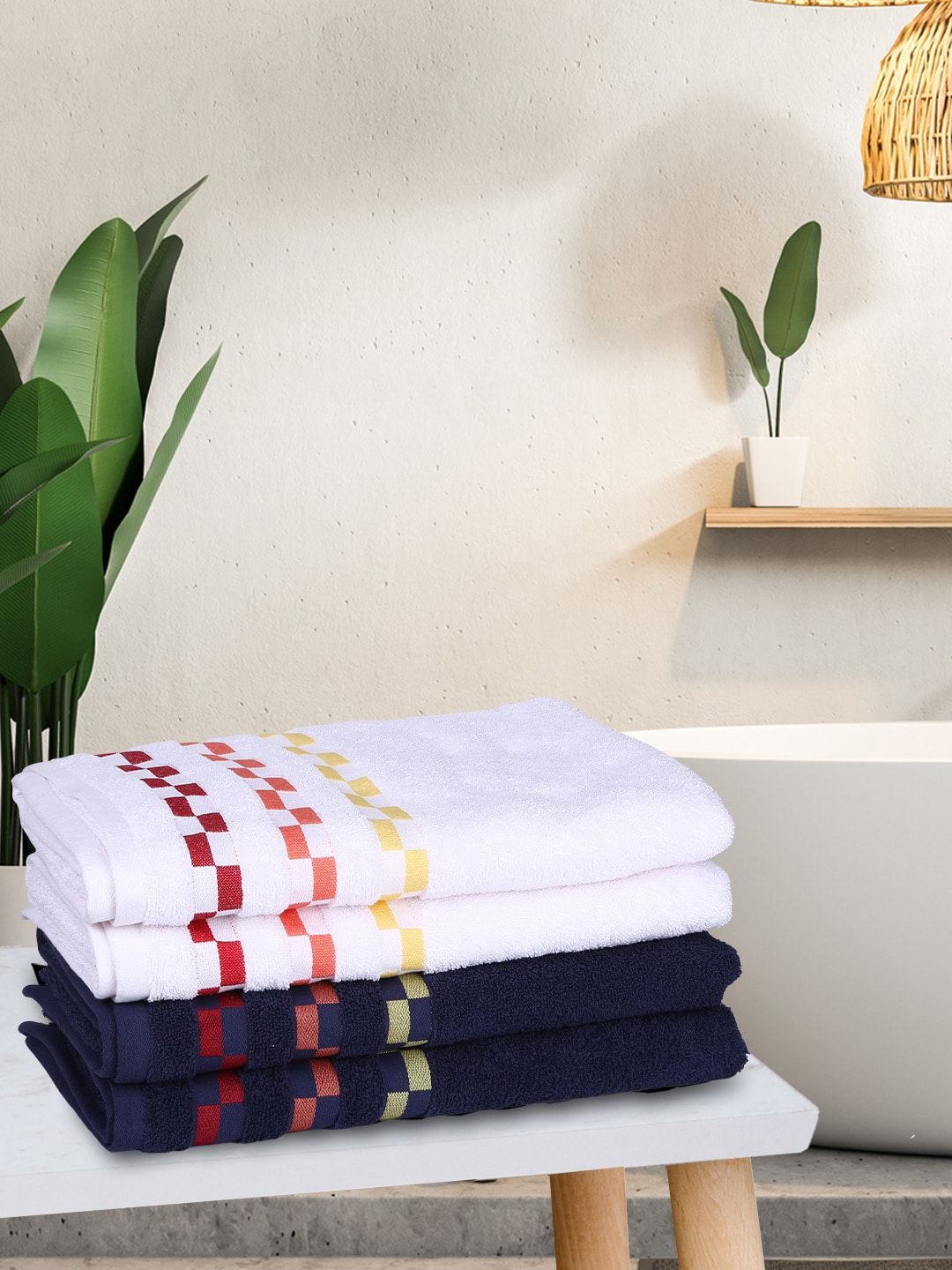 BIANCA Pack Of 4 Mercerized Combed Cotton Bumpy-Stripes Bath Towels Price in India