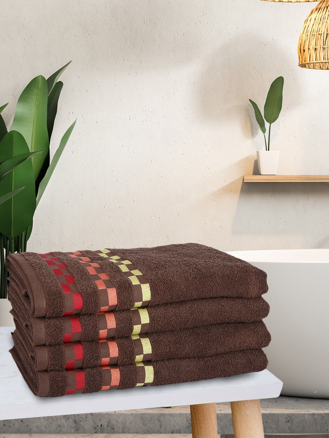 BIANCA Brown Pack Of 4 Mercerized Combed Cotton Bumpy-Stripes Bath Towels Price in India