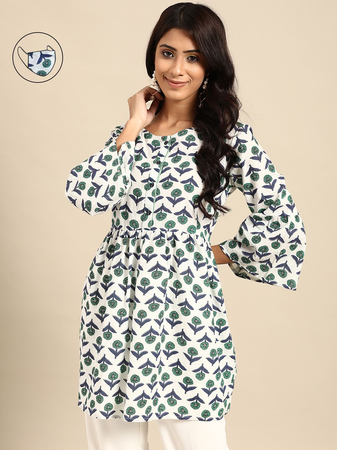 RANGMAYEE White & Navy Blue Sanganeri Block Print Pure Cotton Kurti with Mask Price in India