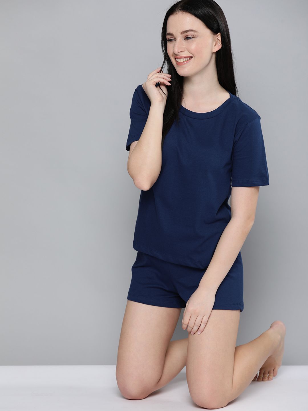 HERE&NOW Women Navy Blue Pure Cotton Night Suit Price in India