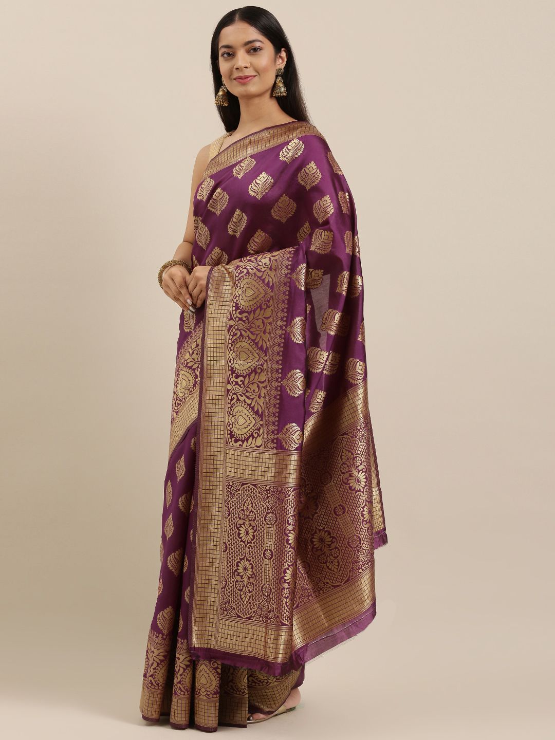 cbazaar Purple & Golden Ethnic Motifs Woven Design Zari Art Silk Saree Price in India