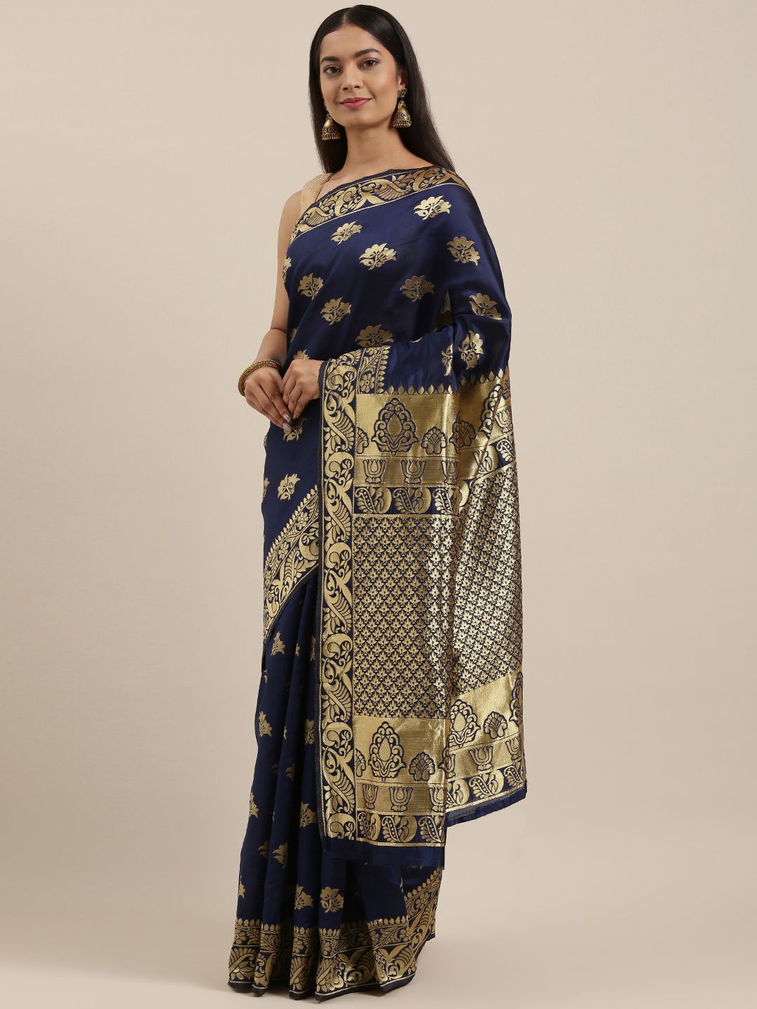 cbazaar Navy Blue & Golden Ethnic Motifs Zari Art Silk Saree Price in India