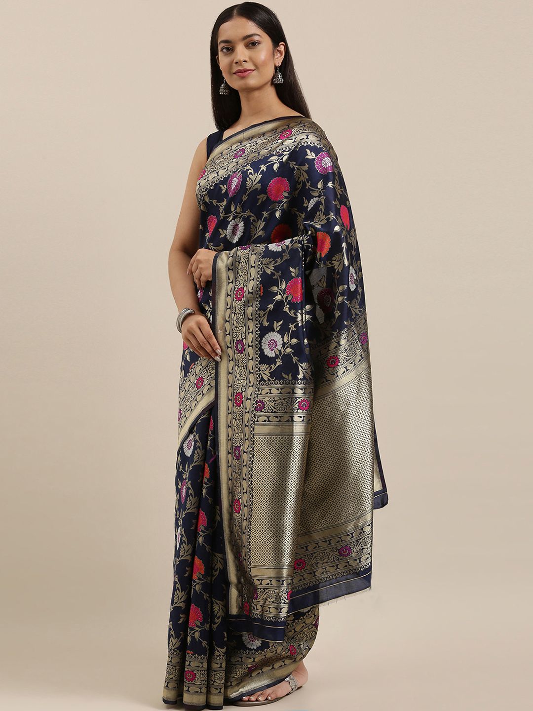 cbazaar Navy Blue & Golden Floral Woven Design Zari Art Silk Saree Price in India