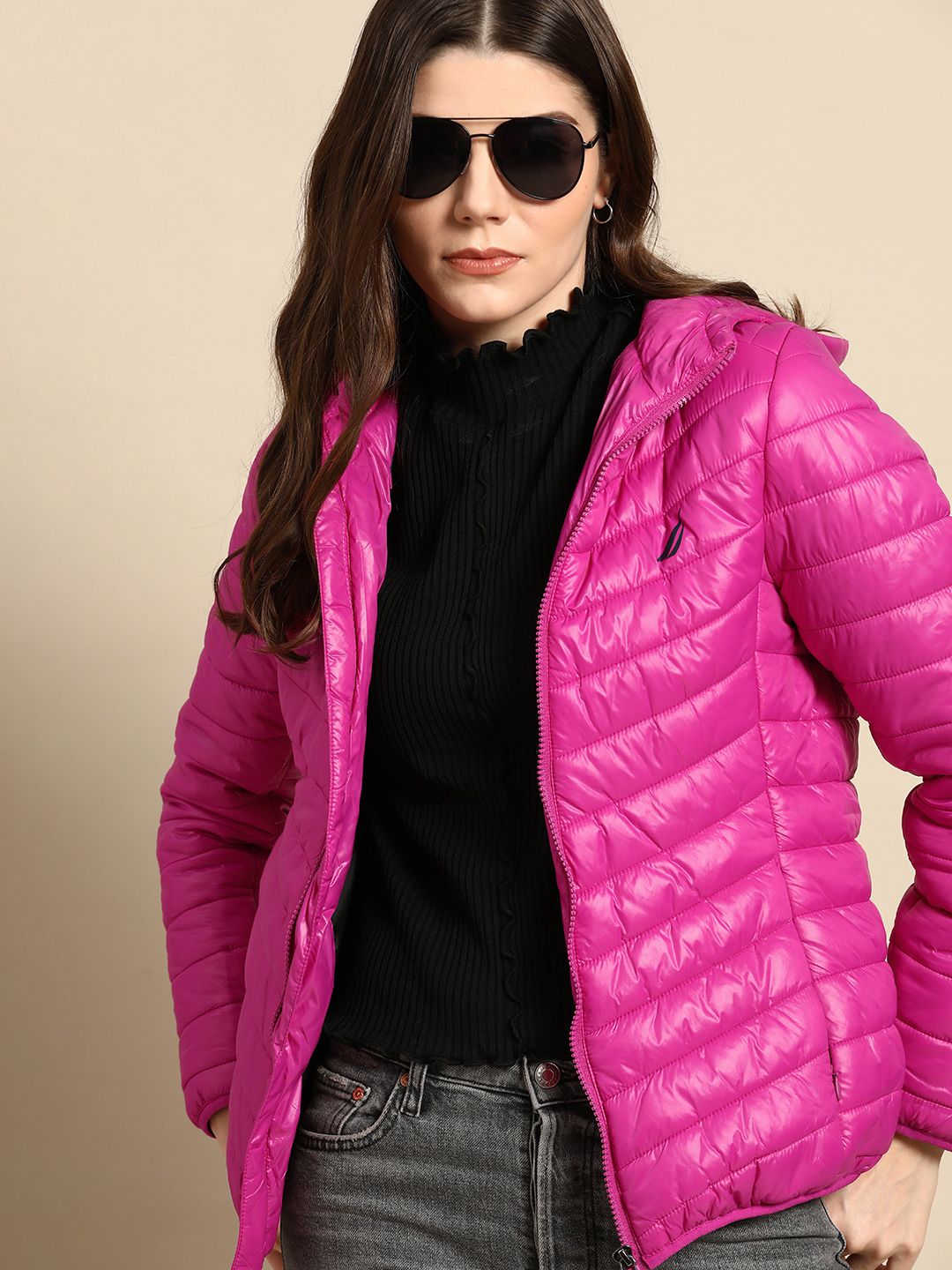 Nautica Women Pink Solid Padded Jacket Price in India