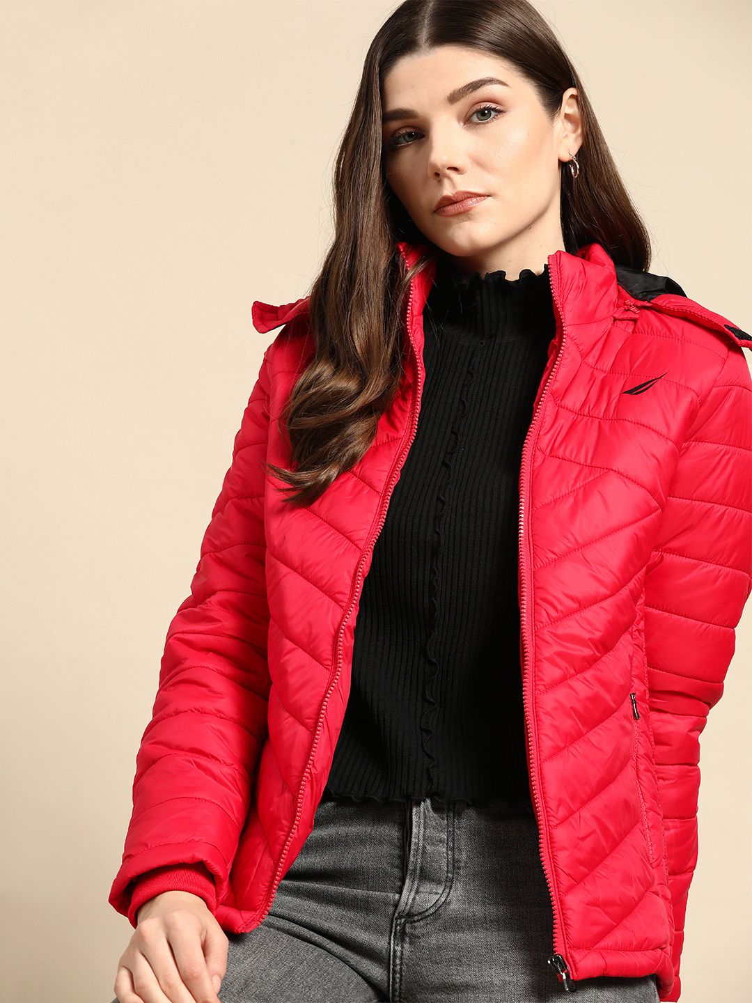 Nautica Women Red Solid Padded Jacket Price in India