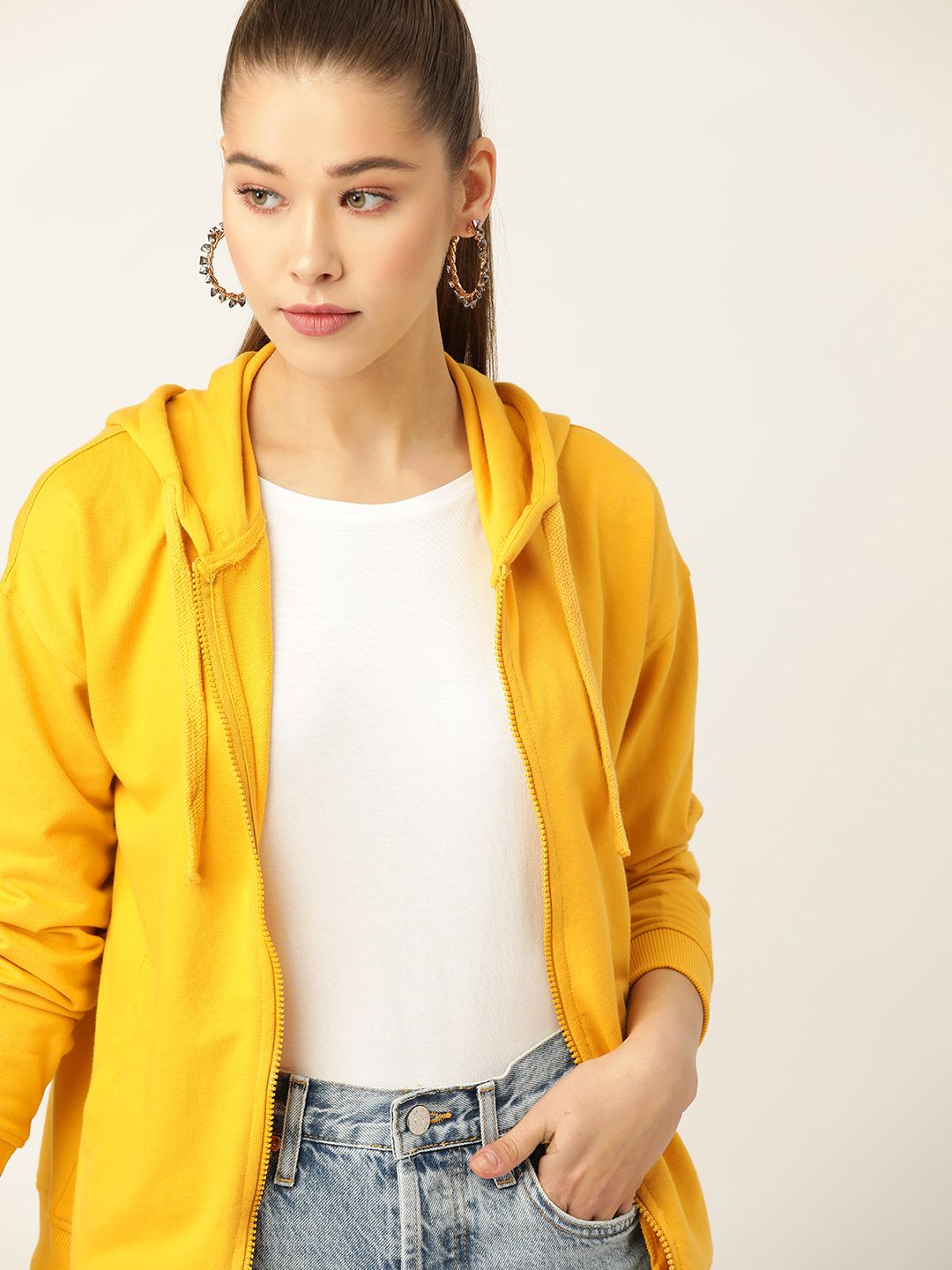 DressBerry Women Yellow Solid Hooded Sweatshirt Price in India