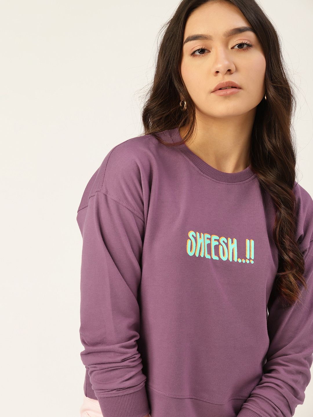 DressBerry Women Purple & Blue Typography Printed Sweatshirt Price in India