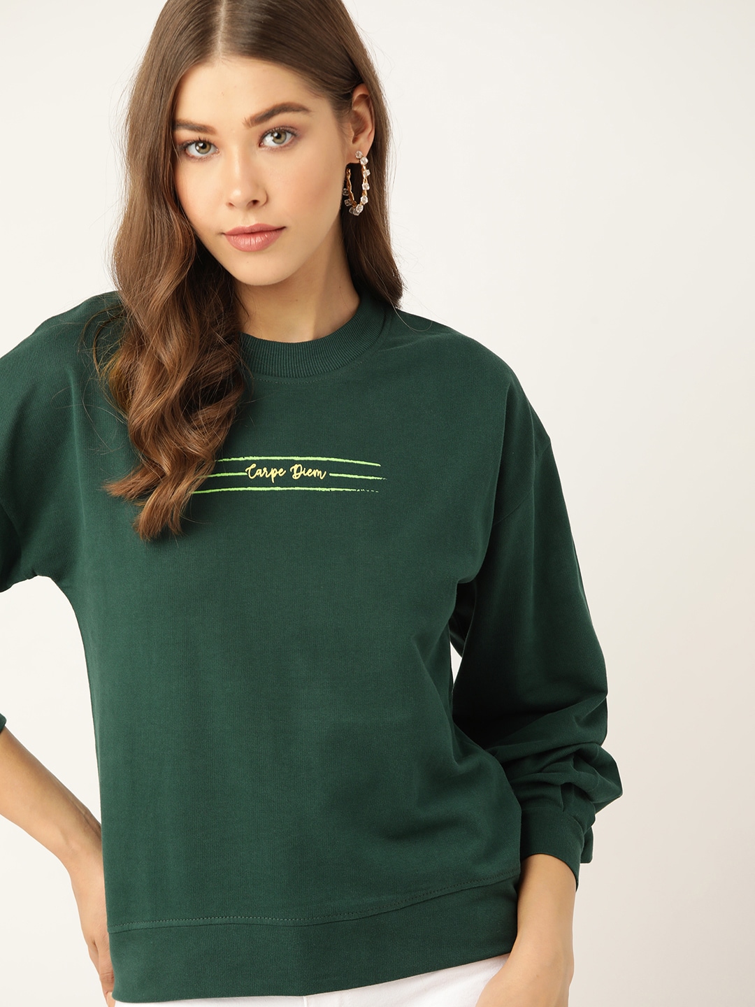 DressBerry Women Green Solid Pure Cotton Sweatshirt With Print Detail Price in India