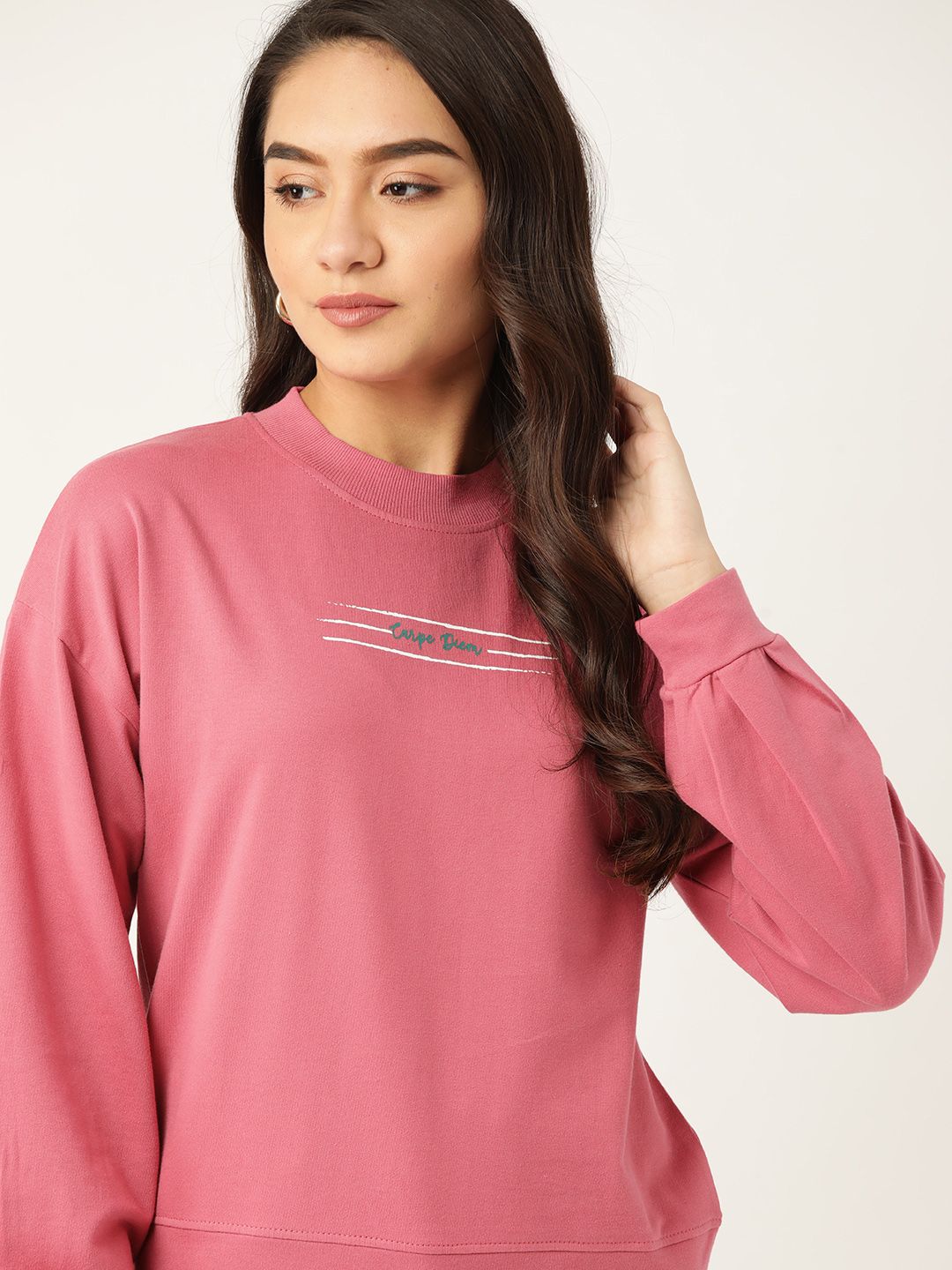 DressBerry Women Pink Solid Pure Cotton Sweatshirt With Print Detail Price in India