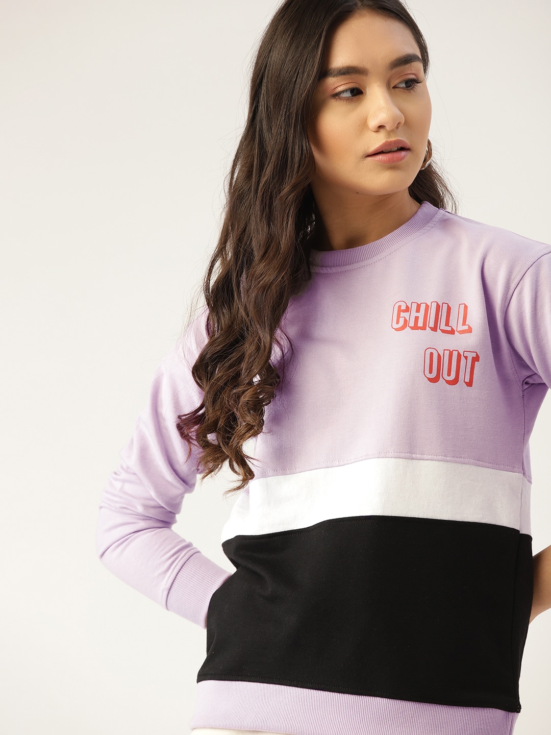 DressBerry Women Lavender & Black Colourblocked Sweatshirt Price in India