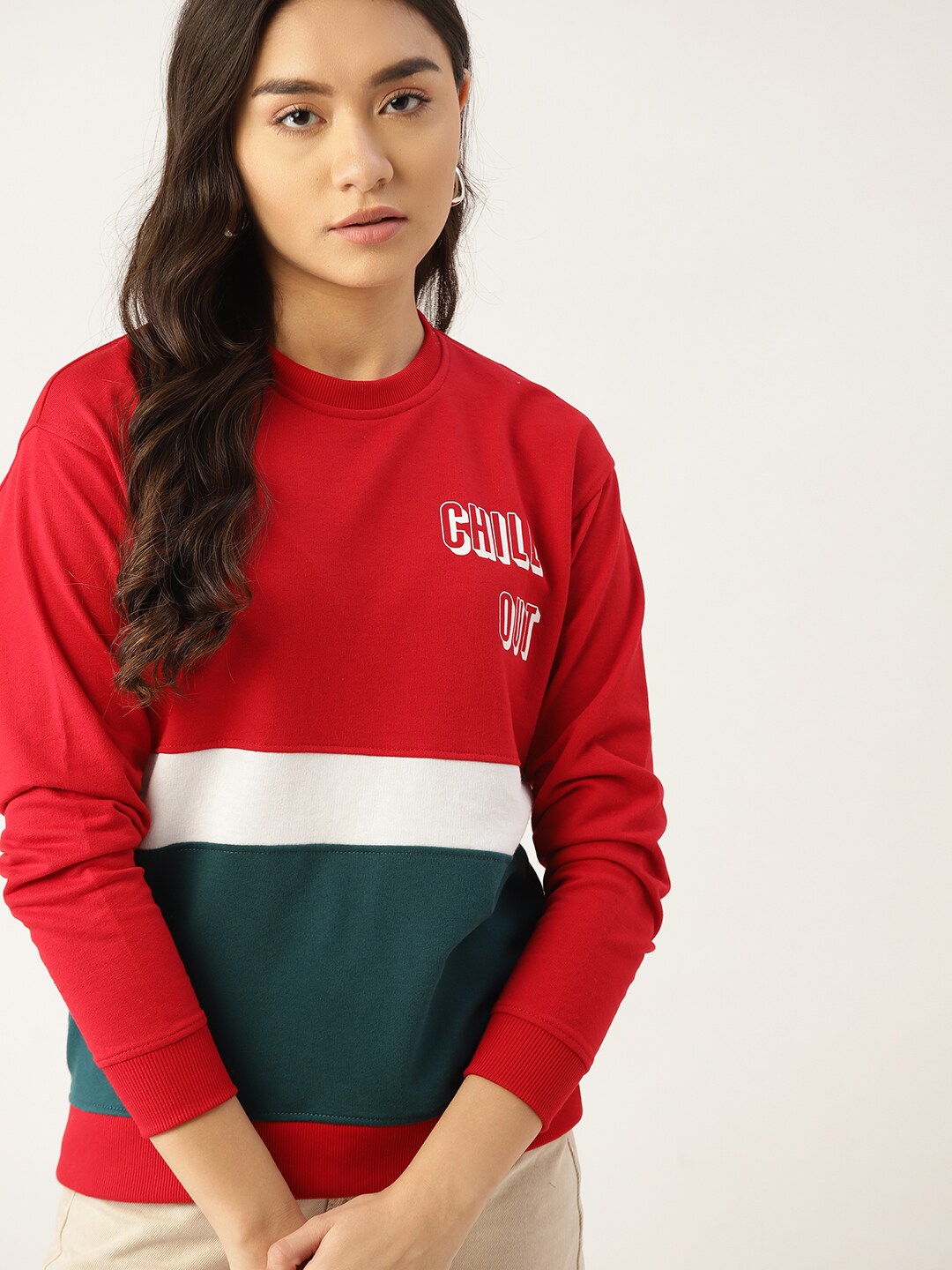 DressBerry Women Red & Teal Green Colourblocked Sweatshirt Price in India