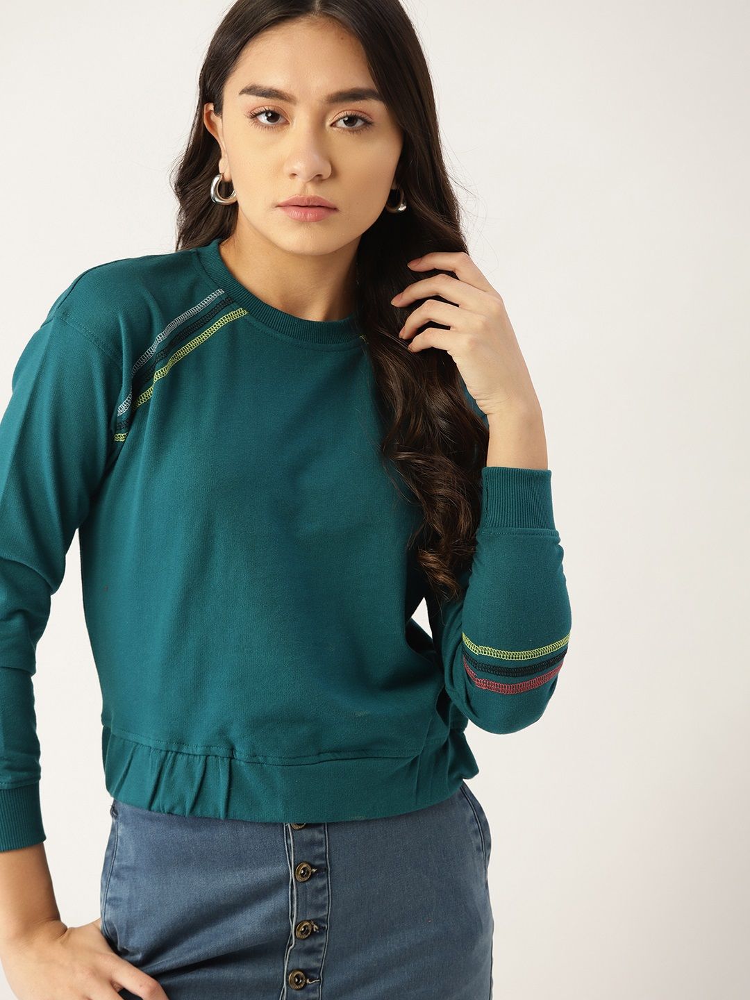 DressBerry Women Teal Green Solid Sweatshirt Price in India