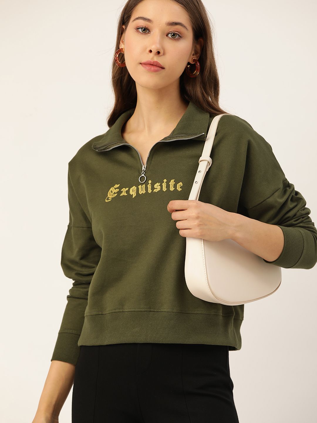 DressBerry Women Olive Green Pure Cotton Printed Sweatshirt Price in India