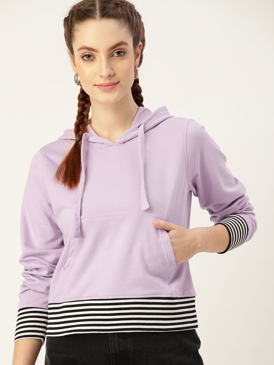 DressBerry Women Lavender Solid Hooded Sweatshirt With Stripe Details Price in India