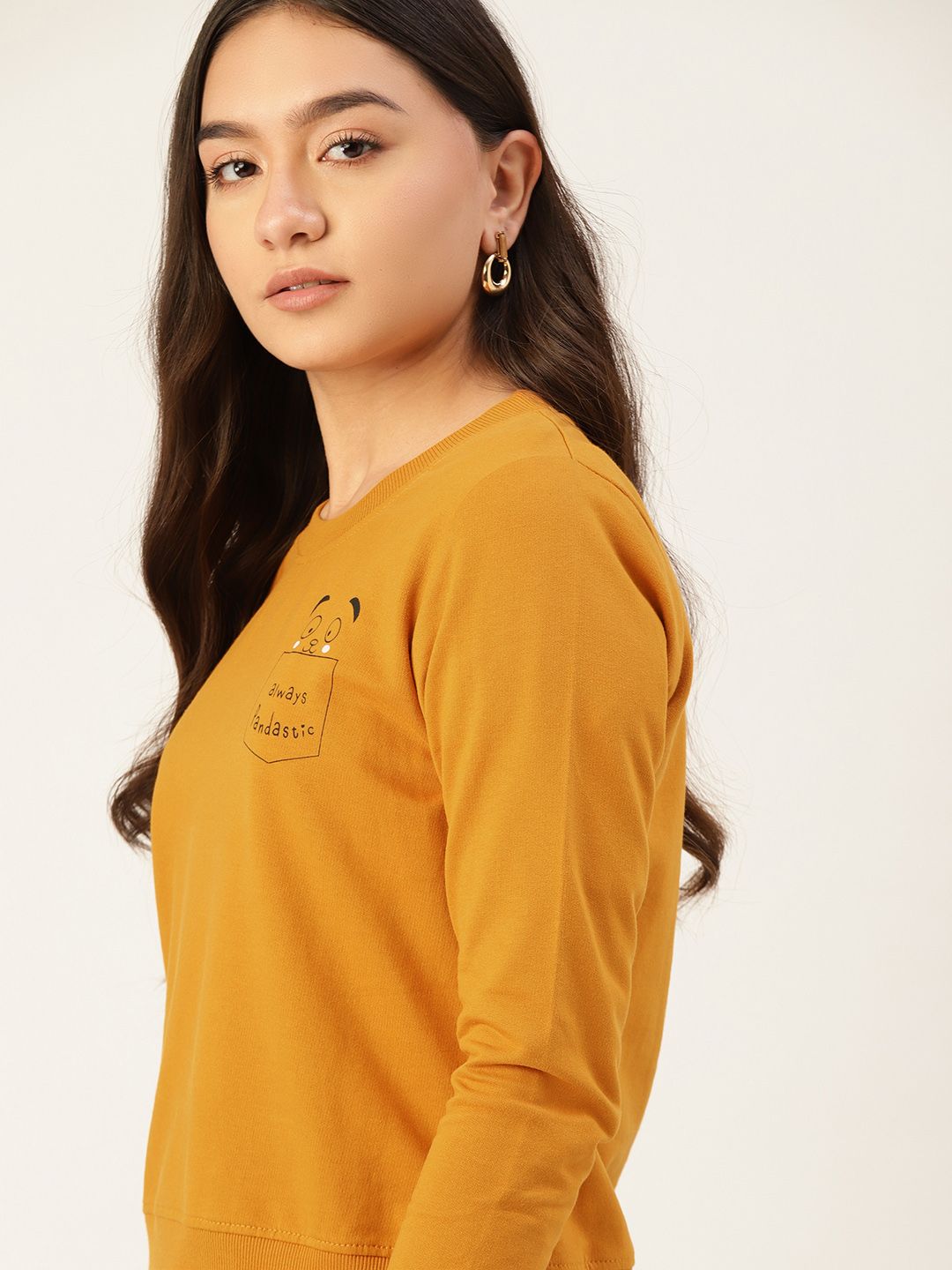 DressBerry Women Mustard Yellow Pure Cotton Printed Detail Sweatshirt Price in India