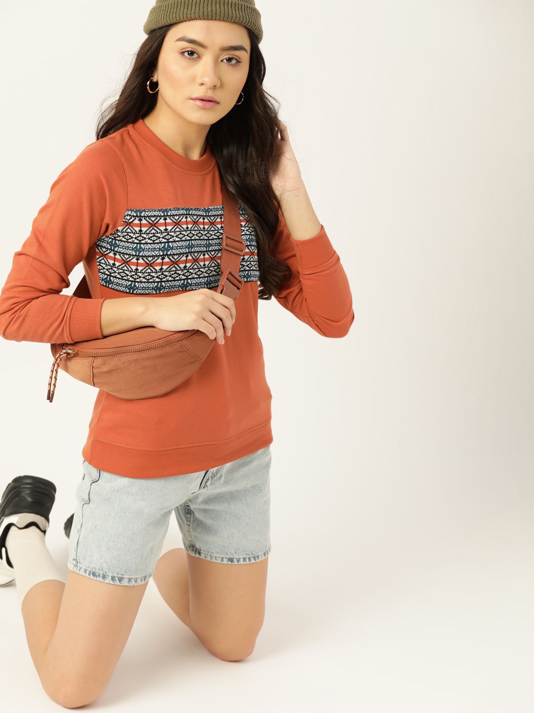 DressBerry Women Rust Orange & Blue Self-Design Sweatshirt Price in India