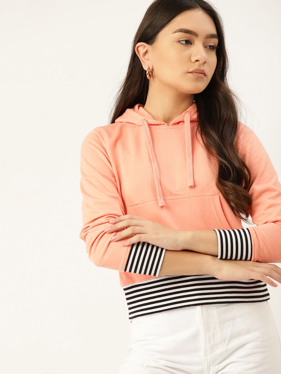 DressBerry Women Peach-Coloured Hooded Crop Sweatshirt Price in India