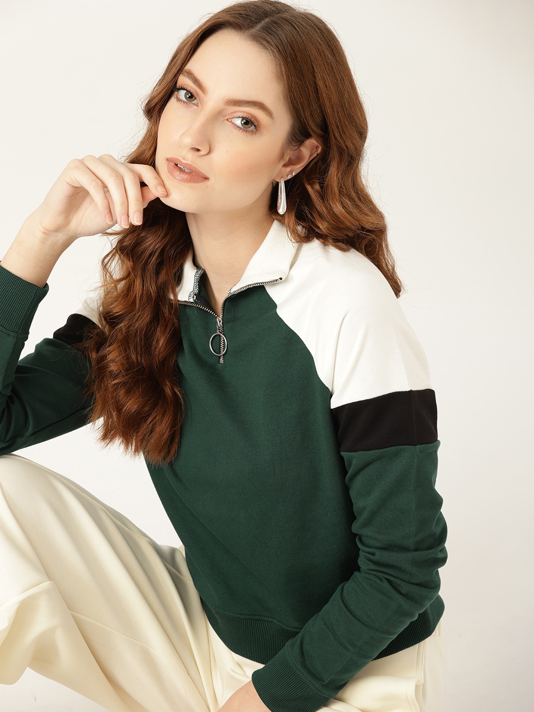 DressBerry Women Green Colourblocked Sweatshirt Price in India