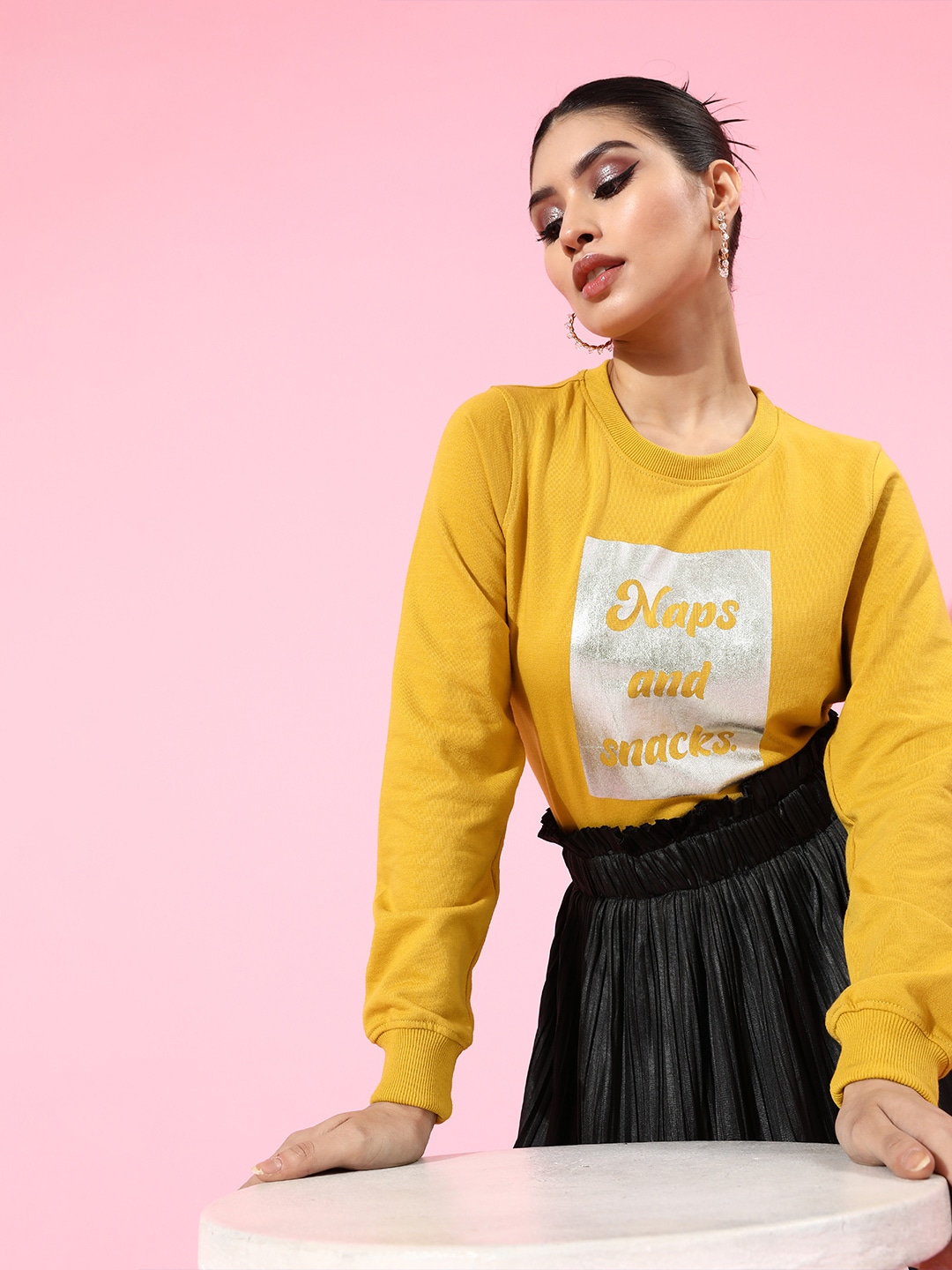 DressBerry Women Stylish Mustard Typography Quirky Sweatshirt Price in India