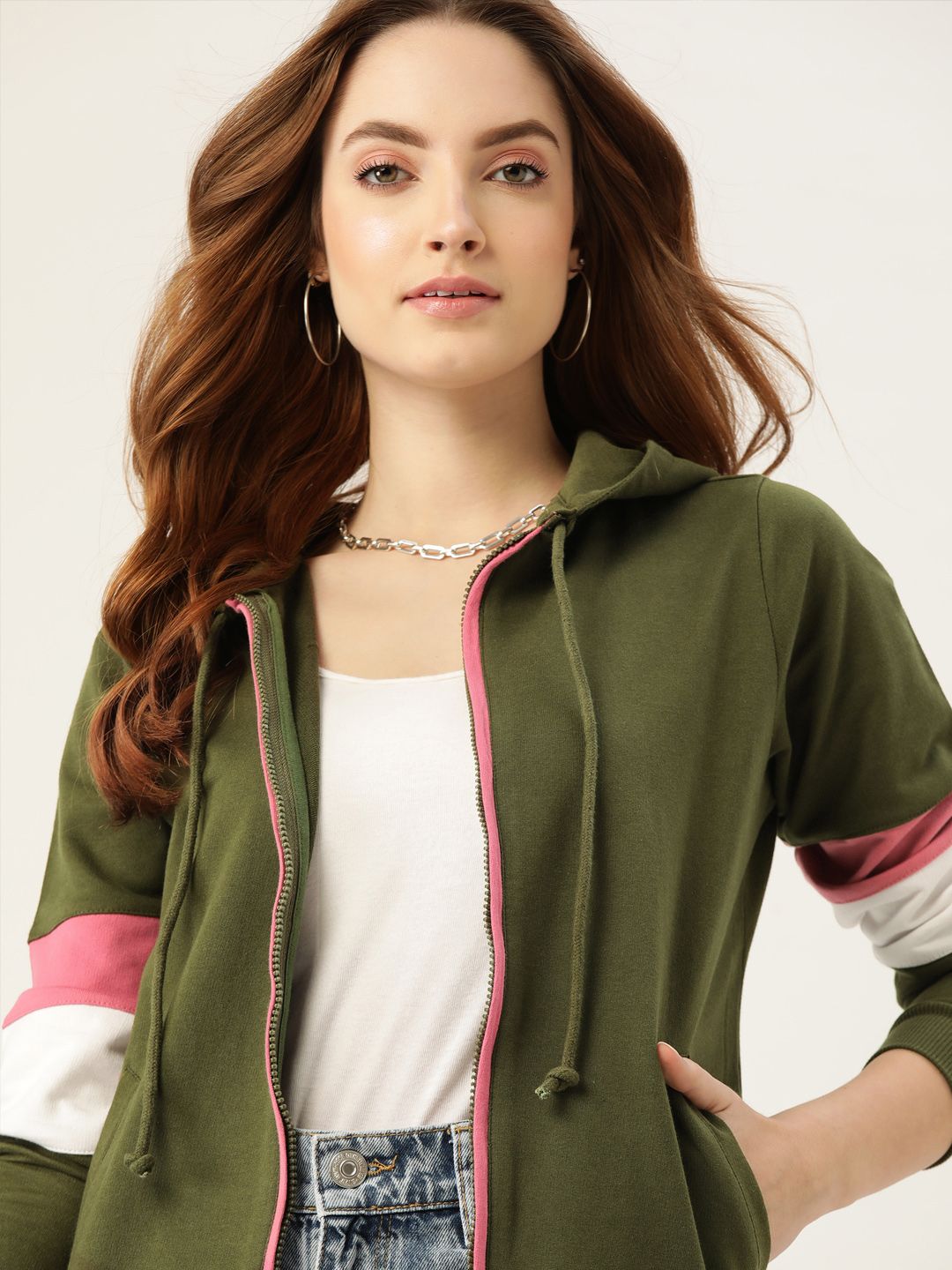 DressBerry Women Olive Green Pure Cotton Hooded Sweatshirt Price in India