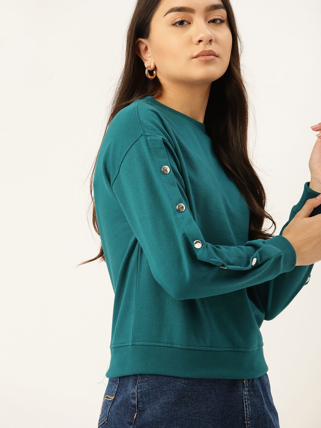 DressBerry Women Teal Green Solid Drop-Shoulder Sweatshirt Price in India