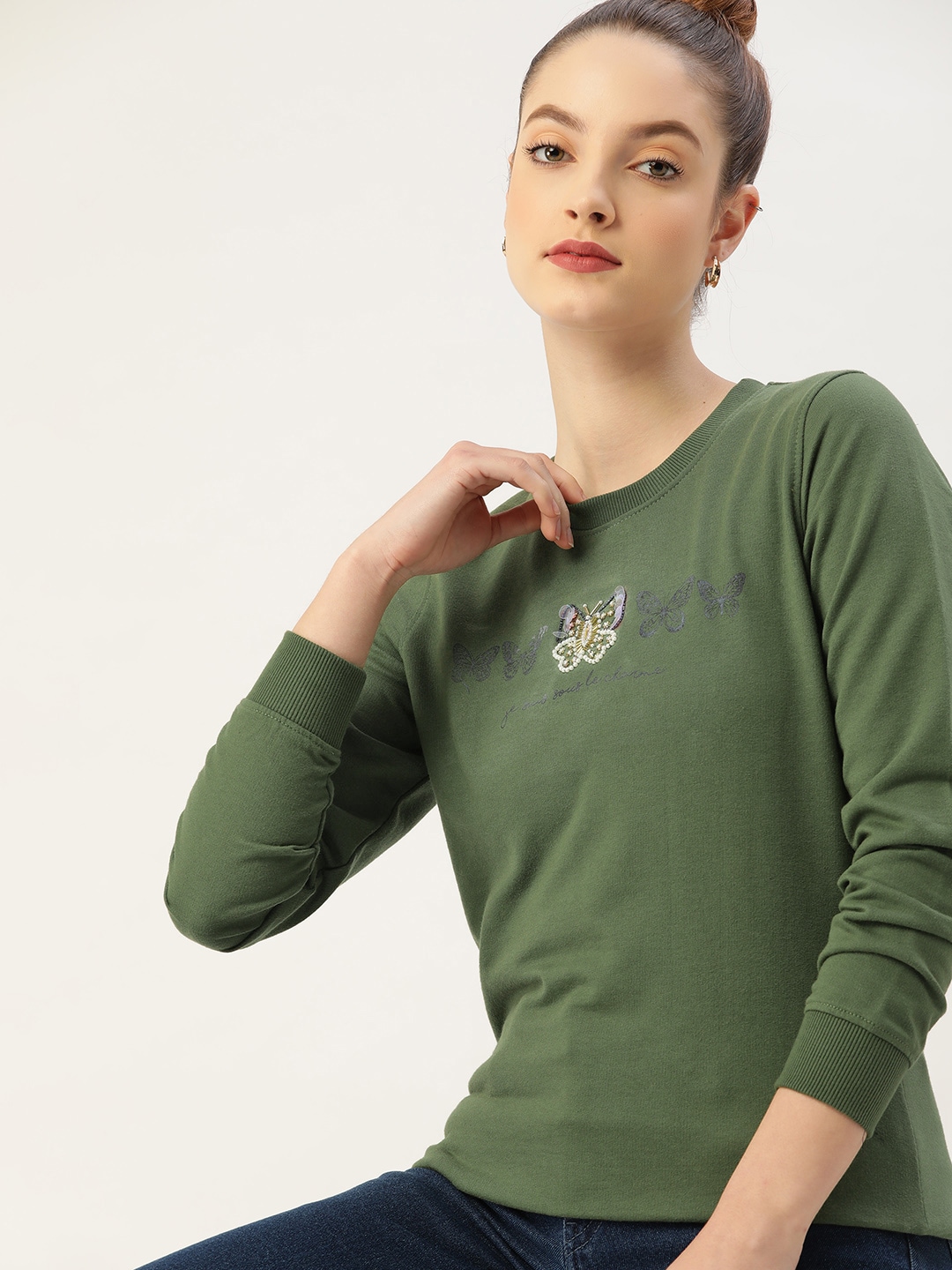 DressBerry Women Olive Green Printed Sweatshirt Price in India