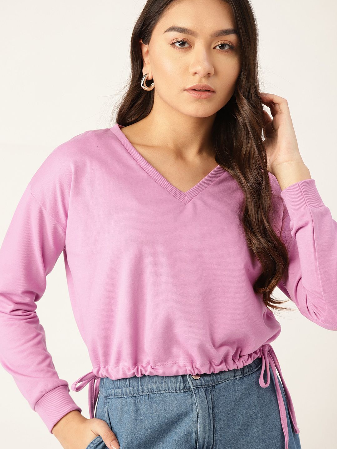 DressBerry Women Lavender Solid Crop Sweatshirt Price in India