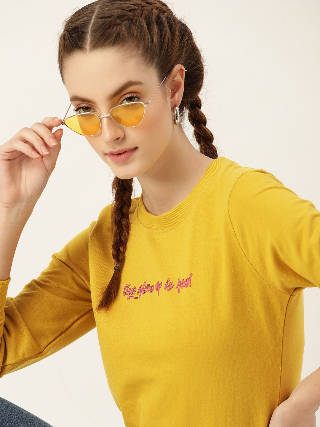 DressBerry Women Mustard Yellow & Pink Printed Sweatshirt Price in India