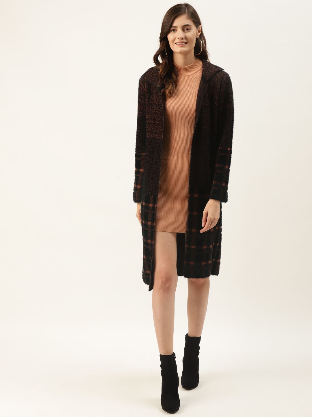 Madame Women Brown & Black Checked Longline Front-Open Sweater Price in India