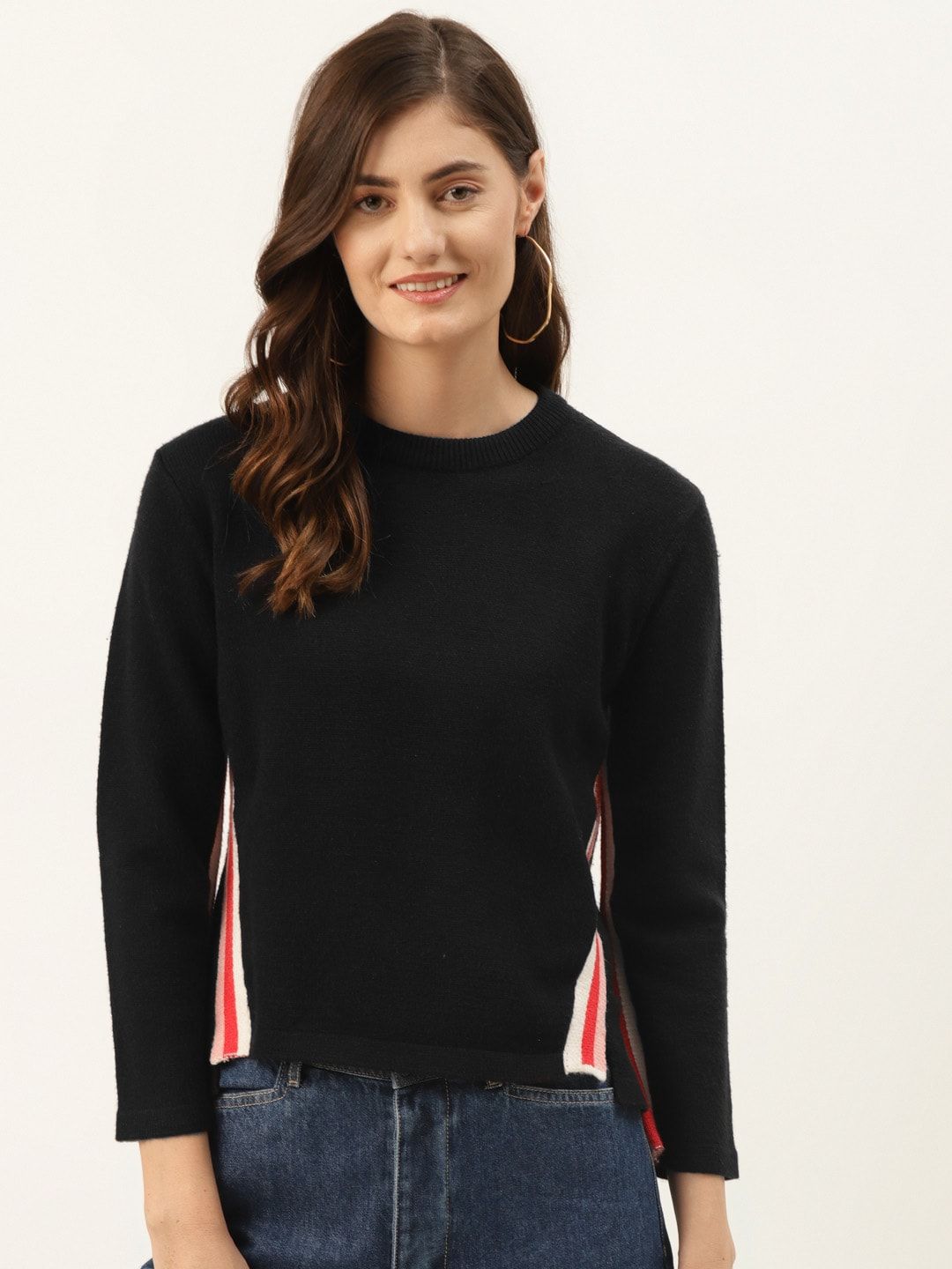 Madame Women Black Pullover with Striped Detail Price in India