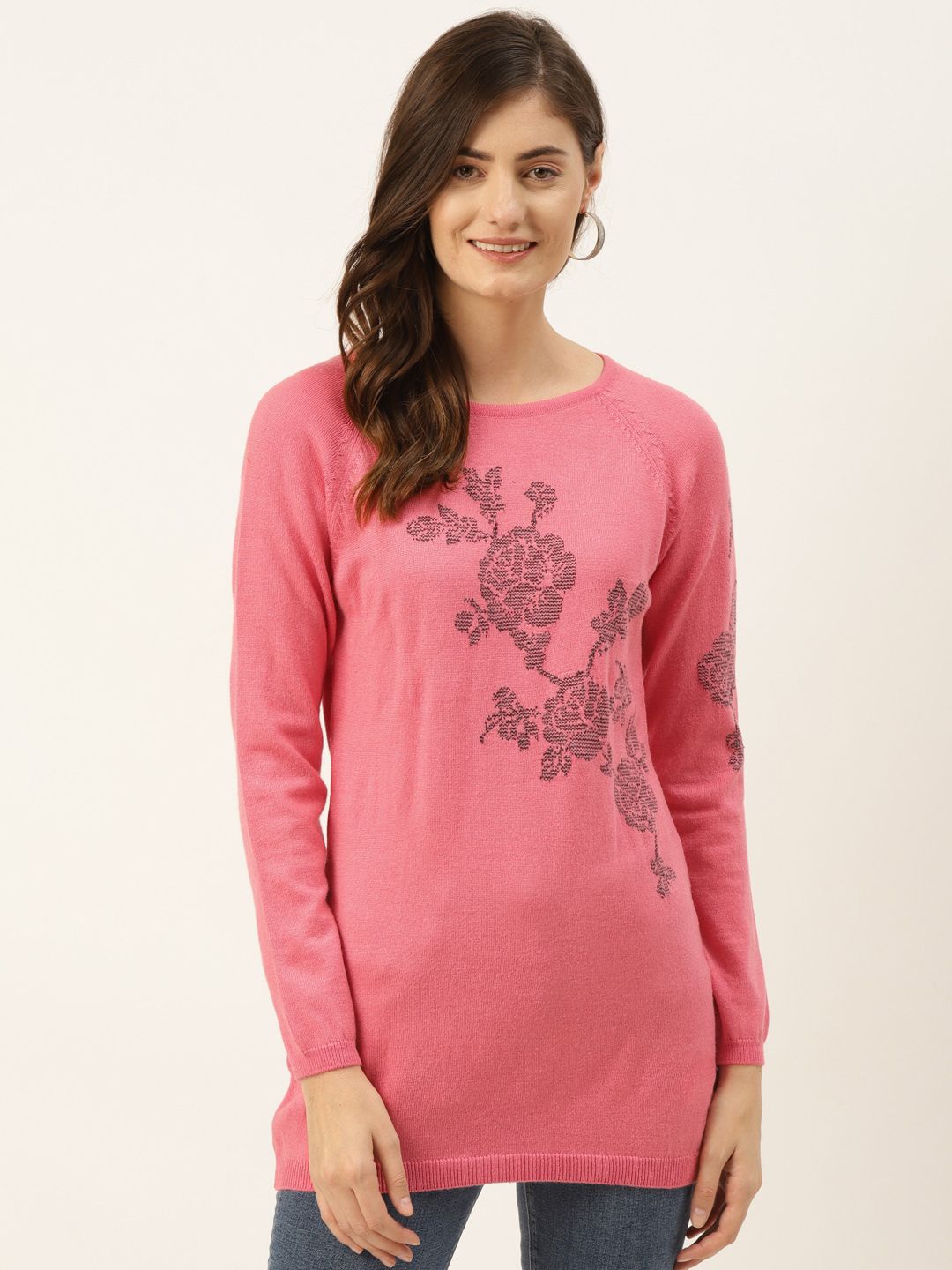 Madame Women Pink & Charcoal Grey Floral Print Longline Pullover Price in India