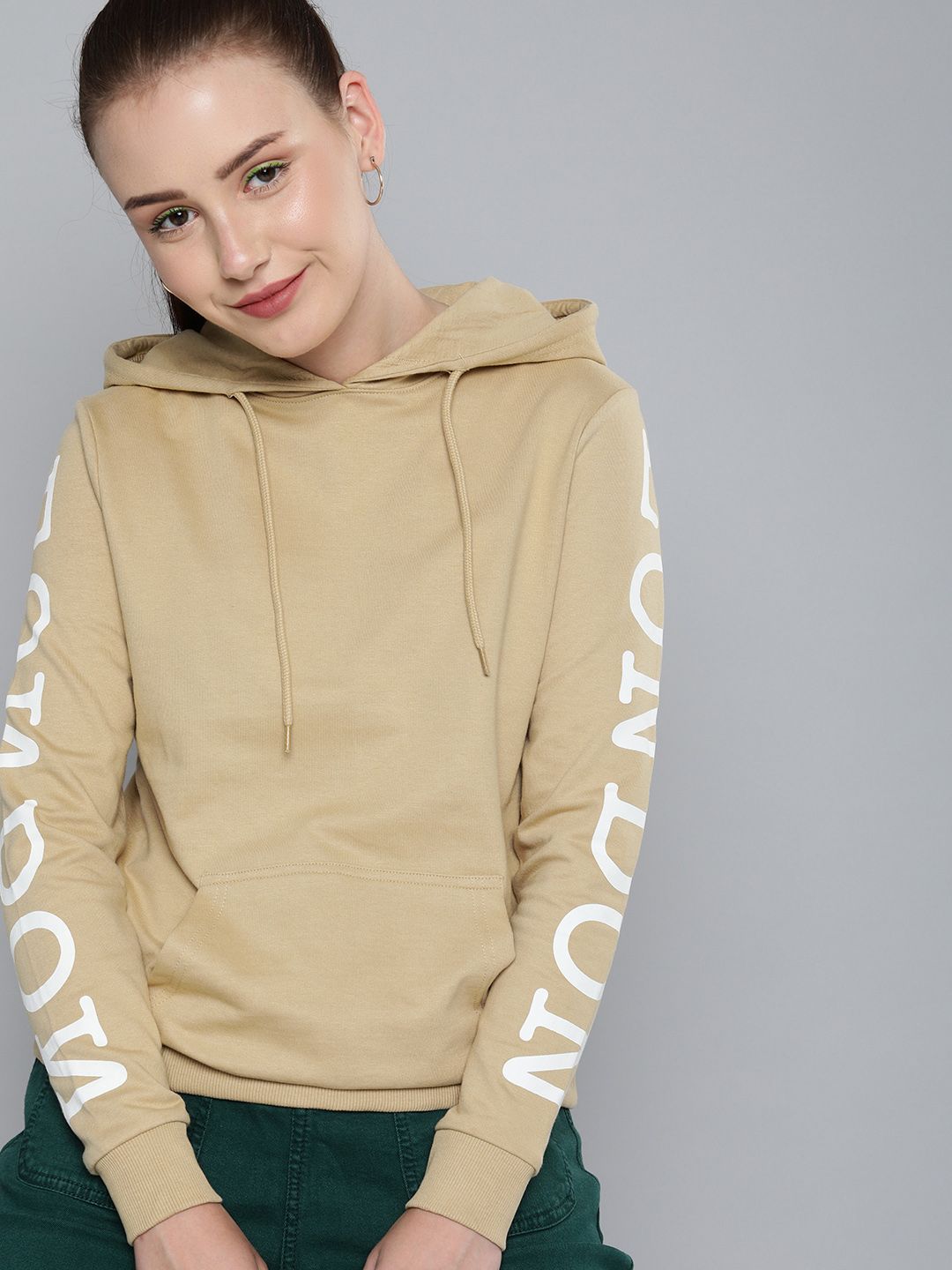 HERE&NOW Women Beige Printed Hooded Pure Cotton Sweatshirt Price in India