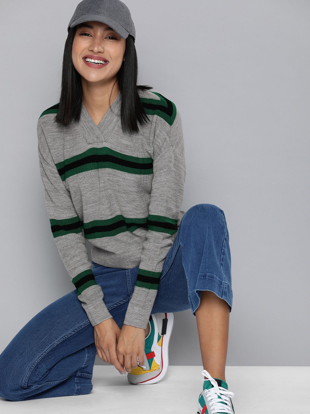 HERE&NOW Women Grey & Green Striped Pullover Price in India