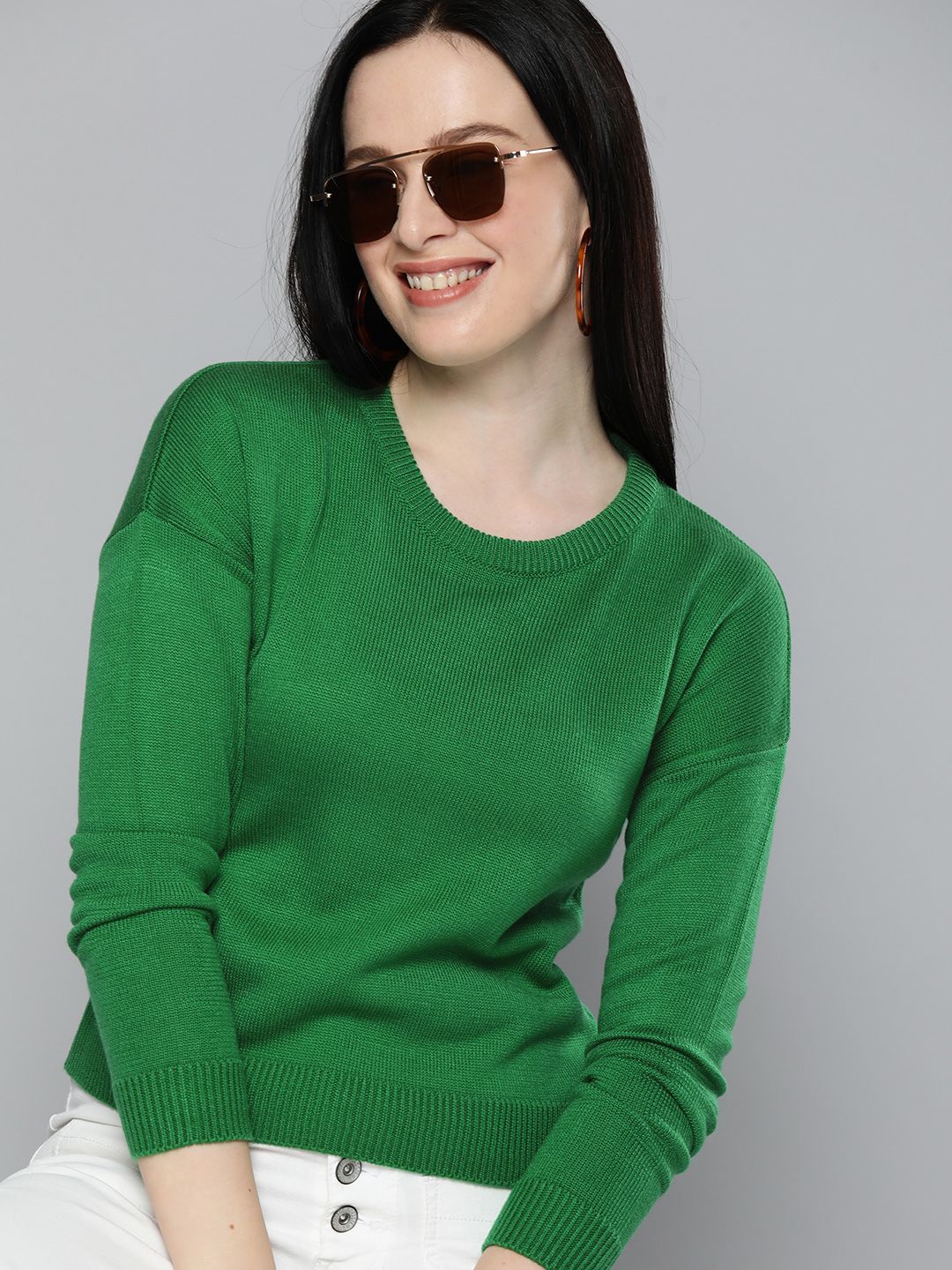 HERE&NOW Women Green Self Designed Pullover Sweater Price in India