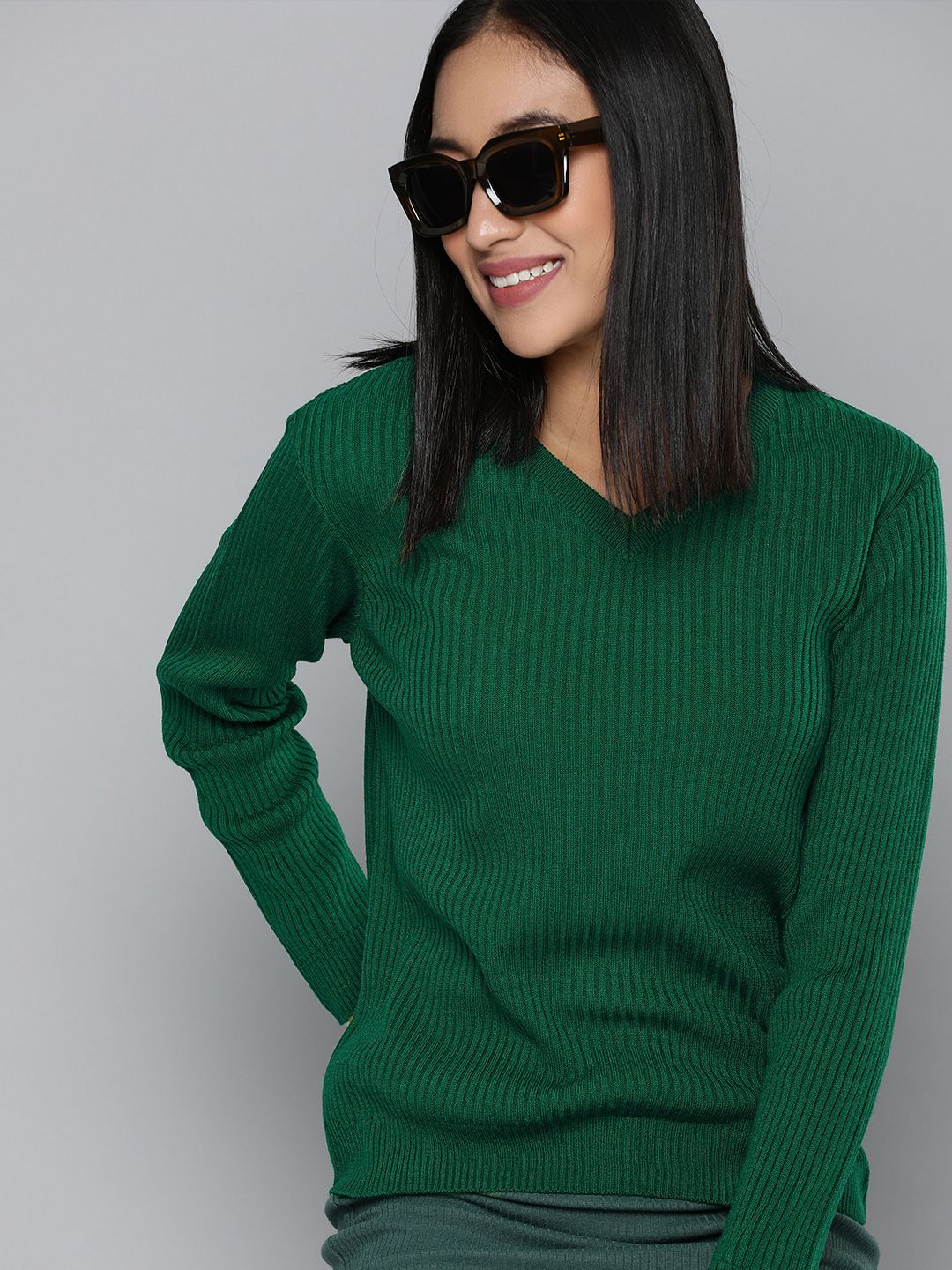 HERE&NOW Women Green Ribbed Pullover Price in India
