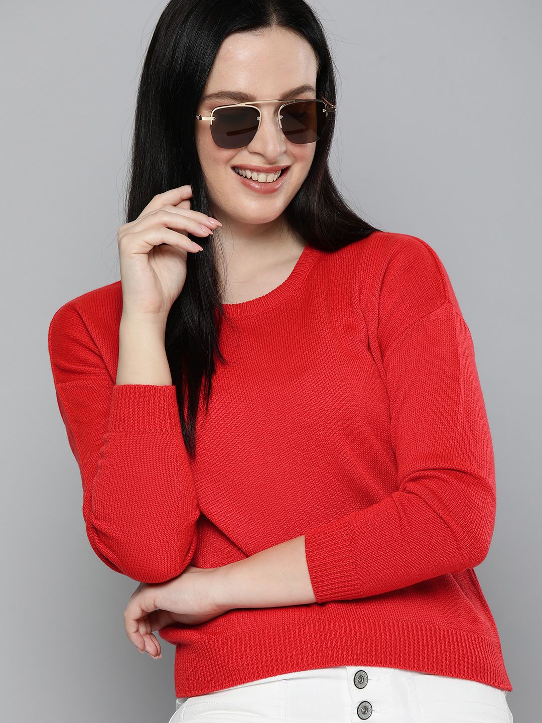 HERE&NOW Women Red Self Designed Pullover Sweater Price in India