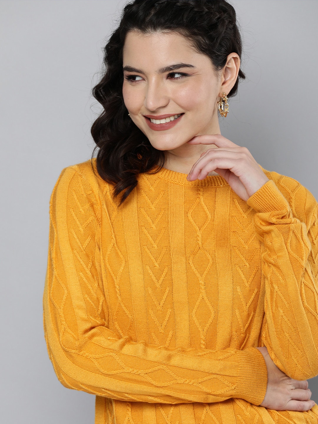 HERE&NOW Women Yellow Cable Knit Pullover Sweater Price in India