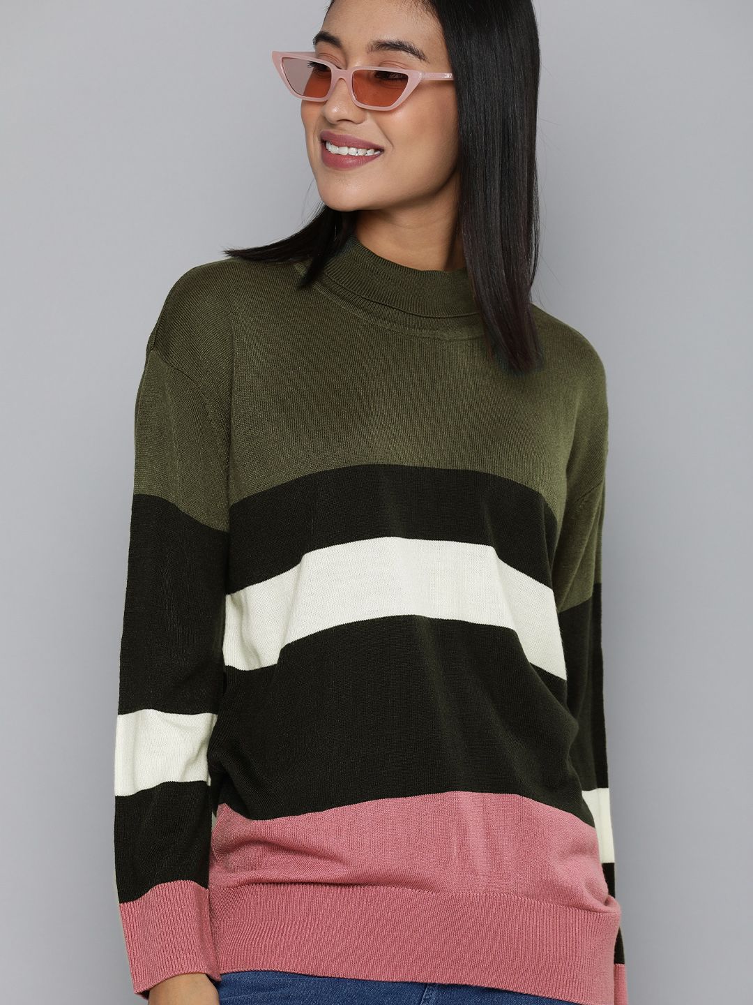 HERE&NOW Women Multicoloured Colourblocked Pullover Price in India