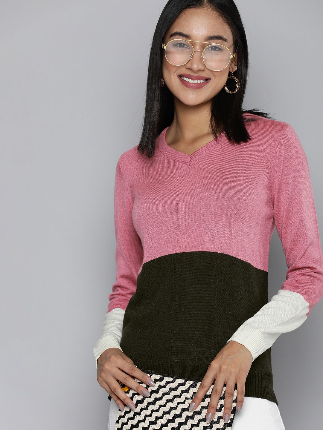 HERE&NOW Women Pink & Black Colourblocked Pullover Price in India
