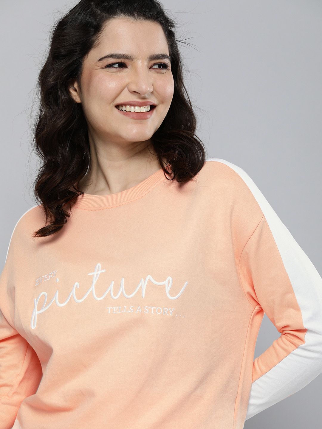 HERE&NOW Women Peach-Coloured Embroidered Side Striped Pullover Sweatshirt Price in India