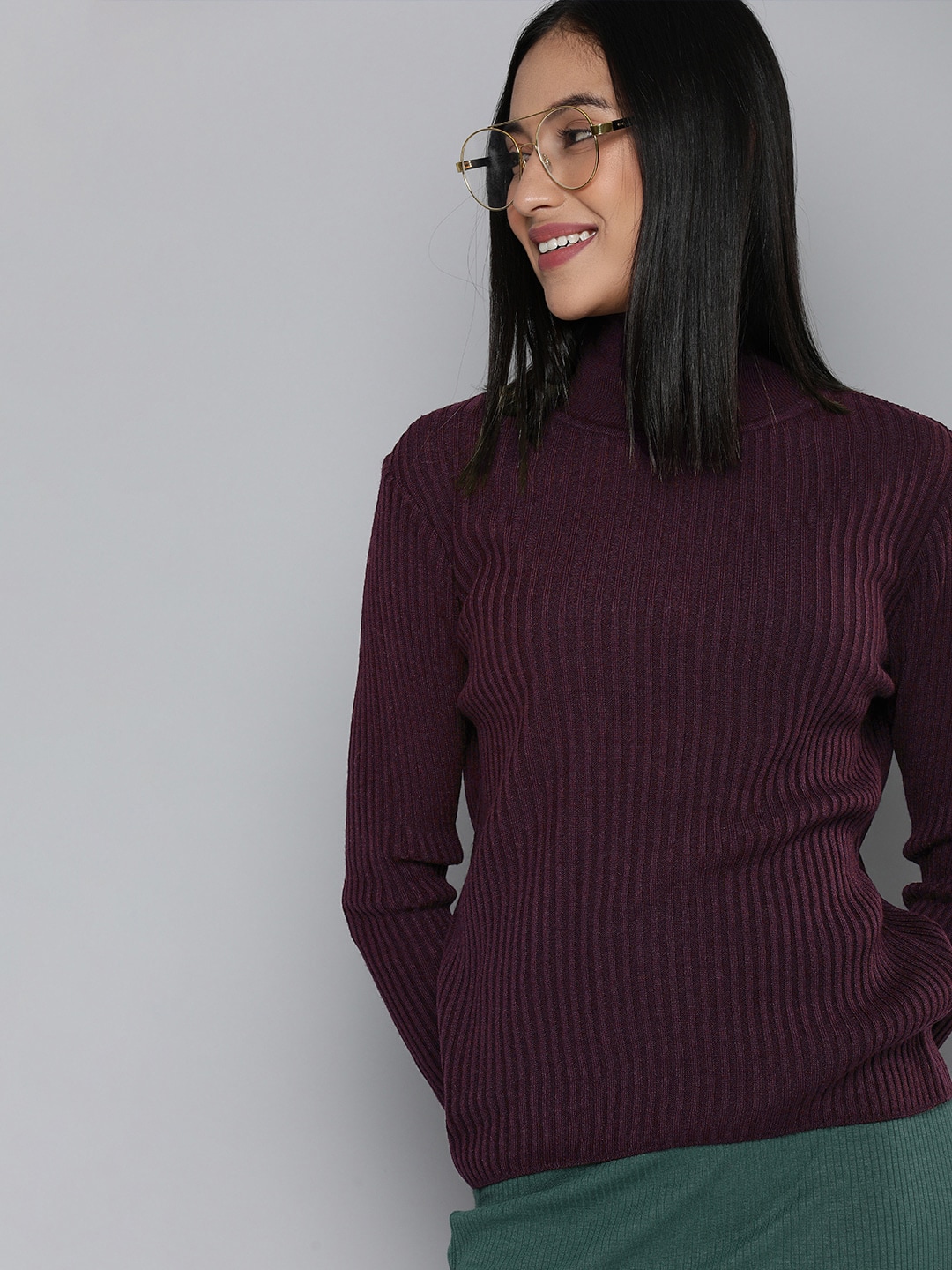 HERE&NOW Women Purple Ribbed Pullover Price in India