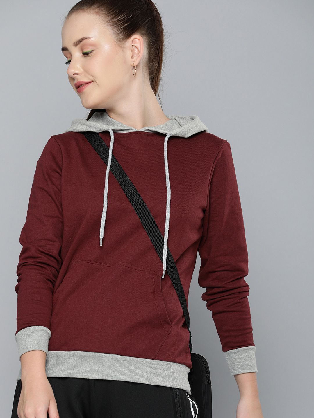 HERE&NOW Women Maroon Colourblocked Hooded Pure Cotton Sweatshirt Price in India