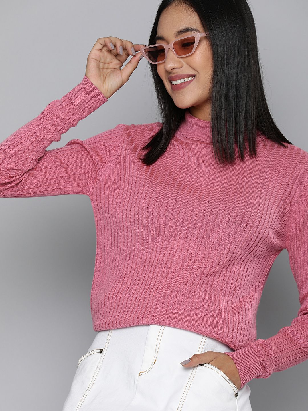 HERE&NOW Women Pink Ribbed Pullover Price in India