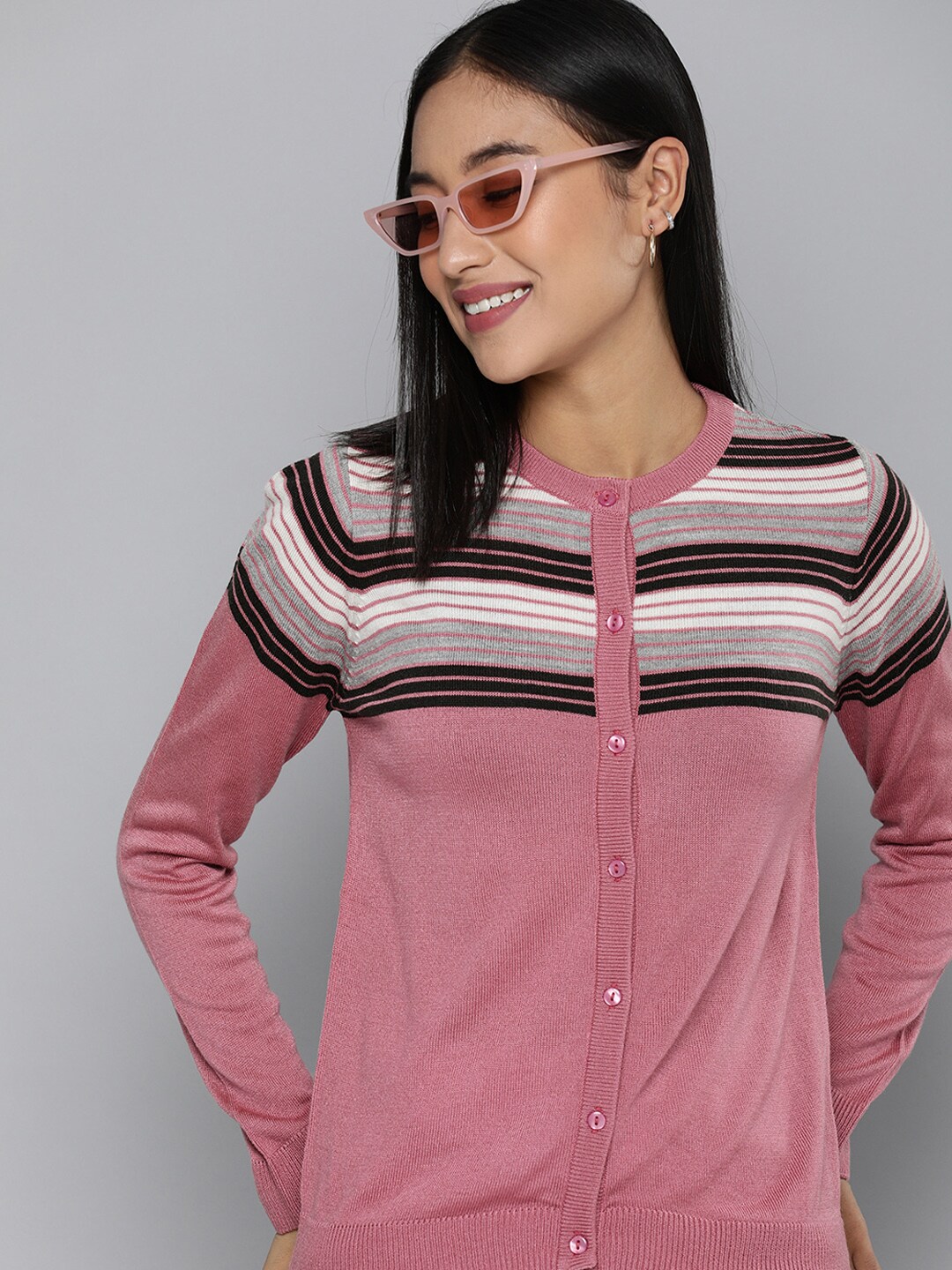 HERE&NOW Women Pink & Black Striped Cardigan Price in India