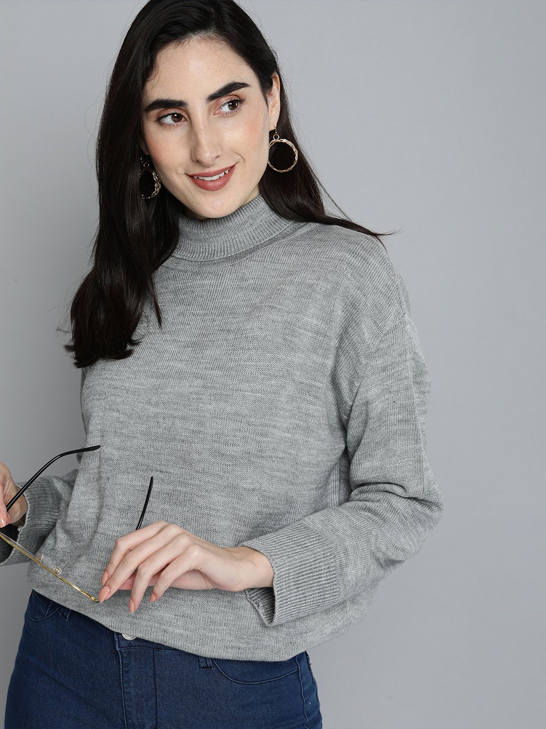 HERE&NOW Women Grey Turtle Neck Self Designed Longline Pullover Sweater Price in India