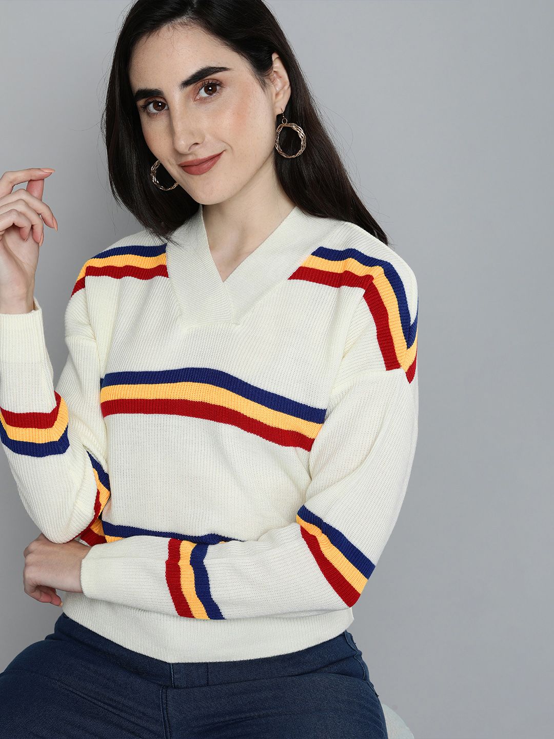 HERE&NOW Women White Stripe-Colourblocked Print Self Designed Pullover Sweater Price in India