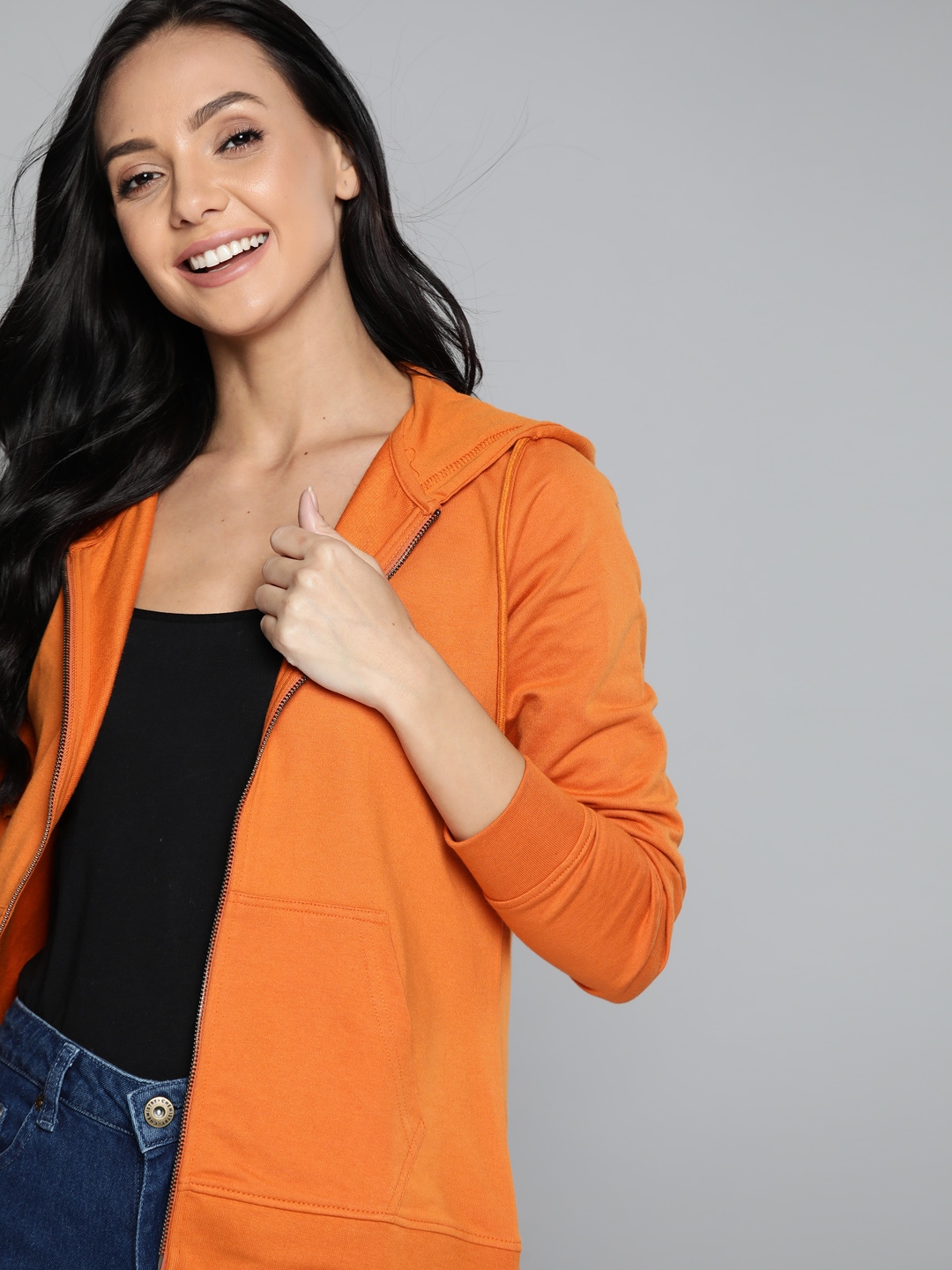 HERE&NOW Women Orange Solid Hooded Front-Open Sweatshirt Price in India